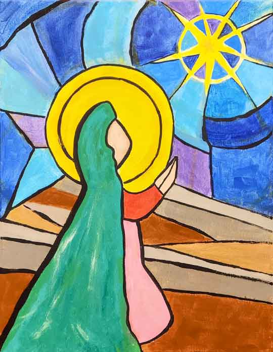 Painting of a stained glass depicting Mary praising